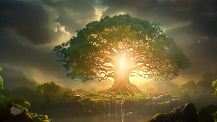 the mighty tree of life at sunset. Generative AI