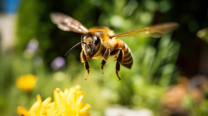 Flying honeybee looking for nectar with blurred garden in the background