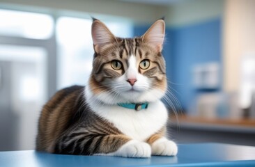 World Cat Day, veterinary clinic, veterinarians examination, animal treatment, gray domestic cat on the table of the veterinary clinic, medicines for cats