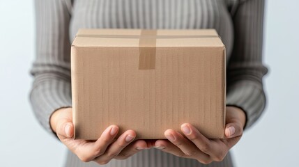 Safe delivery: Women's hands hold a cardboard box in close-up on a white background. Mock-up