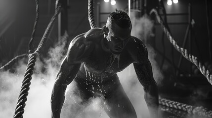 An intense battle rope workout session, with ropes undulating in a rhythmic pattern, highlighting the power and endurance of the athlete. - obrazy, fototapety, plakaty
