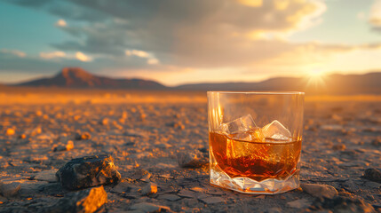 Cinematic wide angle photograph of a whisky glass in a desert. Product photography. Advertising.