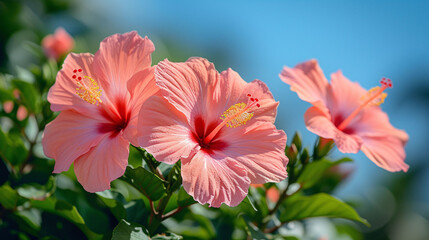 A vibrant red hibiscus flower blooms against a backdrop of a clear blue sky with wispy white clouds. The lush green leaves and buds suggest a thriving plant, capturing the essence of a serene.
