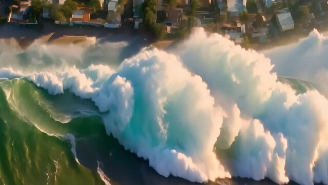 huge tsunami waves are hitting the oceanfront city. Generative AI