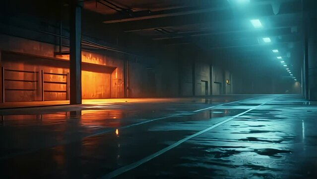 an empty underground parking garage illuminated by floodlights. Empty and lonely. Generative AI