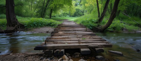 Decrepit wooden bridge falls over shallow river.