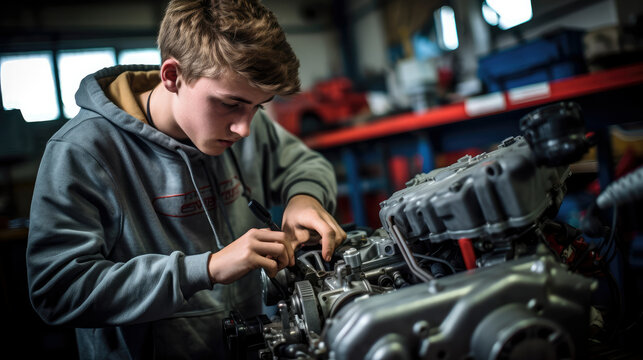 Young car mechanic apprentice. Dark garage, fixing engine, Youth employment
