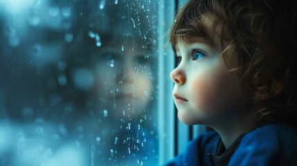 Close-up portrait of a contemplative child gazing through a rain-streaked window. The concept conveys the emotional depth of children in orphanages, evoking a deep sense of loneliness. - obrazy, fototapety, plakaty