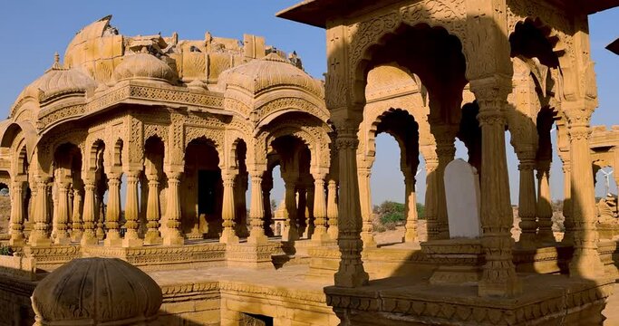 Historic Royal Cenotaphs called Bada Bagh near Jaisalmer, Rajasthan, India.