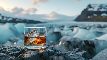 Fototapeta na wymiar Cinematic wide angle photograph of a whisky glass in a glacier. Product photography. Advertising.