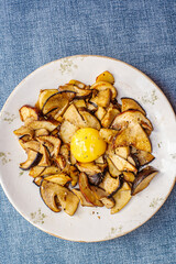 Sliced Porcini mushrooms (Boletus Edulis) with egg yolk. - 732027340