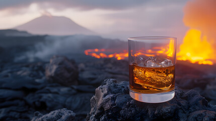 Cinematic wide angle photograph of a whisky glass in the border of a volcano. Product photography. Advertising.