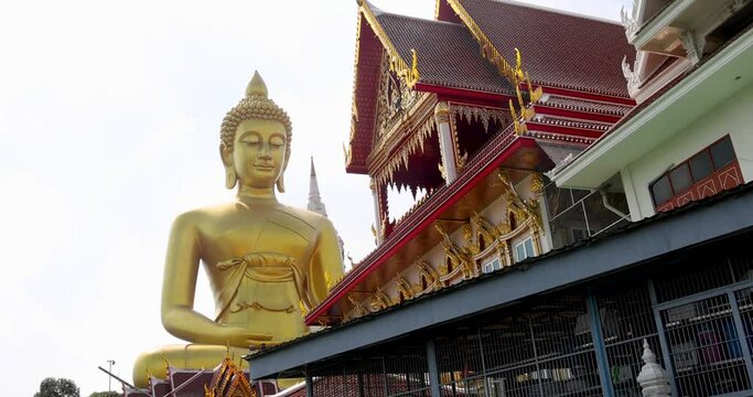 Big Buddha temple also known as Wat Paknam view from Chao Phraya river canal cruise, in Bangkok.