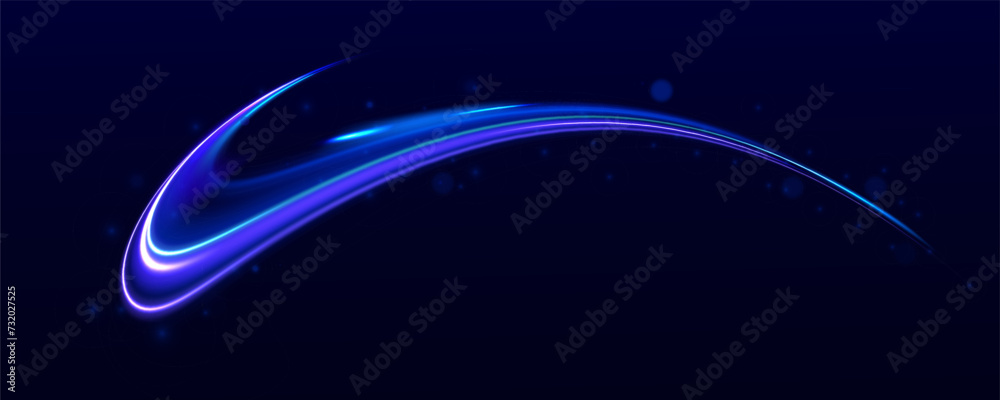 Poster Futuristic dynamic motion technology. Neon color glowing lines background, high-speed light trails effect. Laser beams luminous abstract sparkling isolated on a transparent background