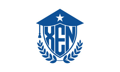 XEN three letter iconic academic logo design vector template. monogram, abstract, school, college, university, graduation cap symbol logo, shield, model, institute, educational, coaching canter, tech