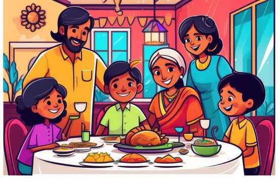 indian family in a restaurant on a new year eve