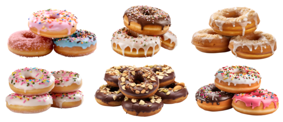 Small Pile group stack tower of round donut doughnut, with sprinkles nuts topping frosting on transparent background cutout, PNG file. Many assorted different. Mockup template for artwork