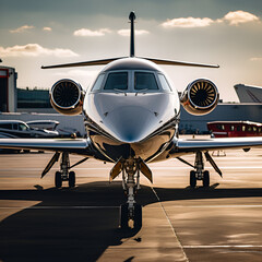 Business jet, airplane at the airport, ckose up - obrazy, fototapety, plakaty