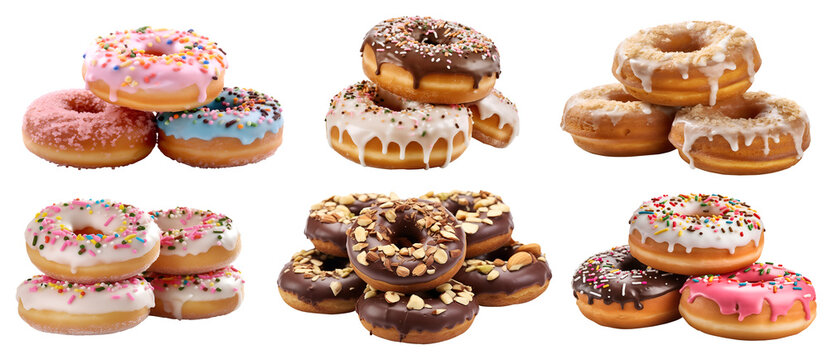 Small Pile group stack tower of round donut doughnut, with sprinkles nuts topping frosting on transparent background cutout, PNG file. Many assorted different. Mockup template for artwork