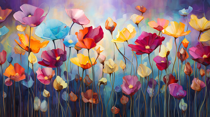 Abstract flowers blooming in a field of light, each petal radiating a unique