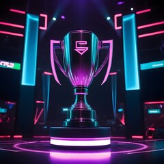 The esports winner trophy standing on the stage in the middle of the arena of the computer video game championship - Two rows of PCs for competing teams - Stylish neon lights with a cool design