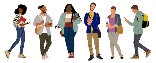 Group of multiracial and multicultural students. Young girls and boys holding books, folders standing and walking to college, university. Vector realistic illustration isolated, transparent background