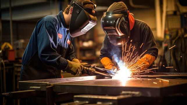 Young apprentice mastering welding technique, focused expression, protective gear, metalwork workshop, industrial training, skill development, vocational education, craftsmanship