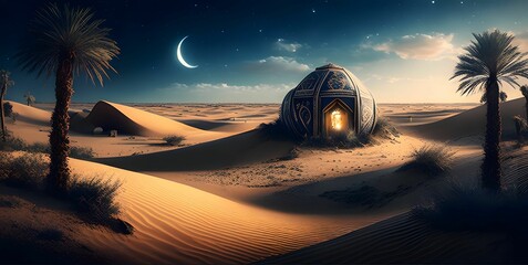 Fototapeta na wymiar AI generated illustration of a scenic desert landscape illuminated by a bright moonlight