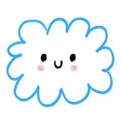 Doodle Cloud with Smiling Face. Cute Nursery Illustration of Hand Drawn Fluffy Cloud. No Background. Crayon Drawing-Like Infantile Style Cloud. Childish Scribbles. Naive Drawing.
