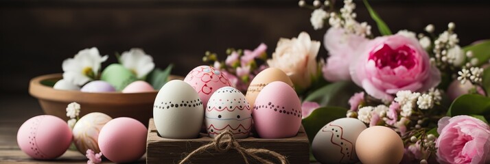 Easter happiness. Pastel colored eggs decorated with delicate spring flowers