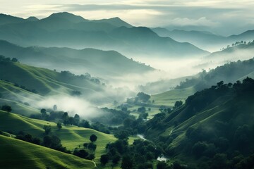 Fototapeta premium Green Valley at the Foot of Green Hills with Light fog