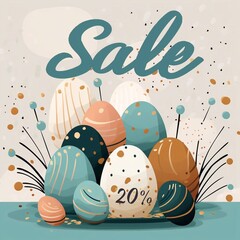 Happy Easter Sale banner. Sale Off 20% stylish typography with eggs accents in pastel colors