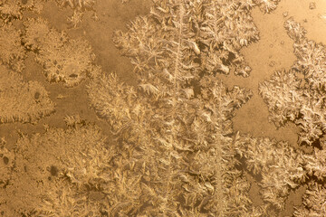 Frost patterns on a window in winter day (golden background)	
