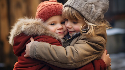 Two young children give each other a supportive hug in the school playground, encapsulating the innocence of youth