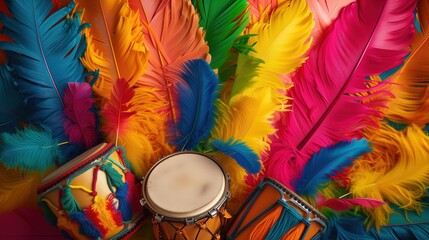 Carnival concept top view of Samba drum with colorful bright feathers, festive background, Generative Ai