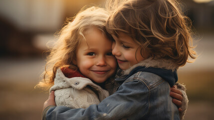 Childhood Bonds: An affectionate hug between two children, captured in the soft, golden light of the evening, symbolizing the purity of friendship