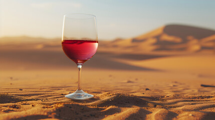 Cinematic wide angle photograph of red wine glass in a desert. Product photography. Advertising.