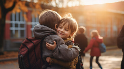 Fototapeta na wymiar Two young children givng each other a supportive hug, blurred school in background --ar 16:9 --v 5.2 Job ID: b0dfd78f-d67b-437d-8370-cd2c88690985