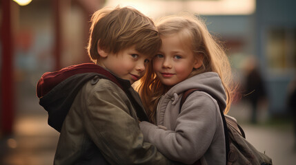 Fototapeta premium Two young children give each other a supportive hug in the school playground, encapsulating the innocence of youth