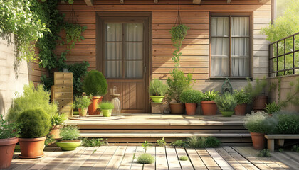 The interior of early spring yard. Patio of a wooden house with green plants in pots - obrazy, fototapety, plakaty