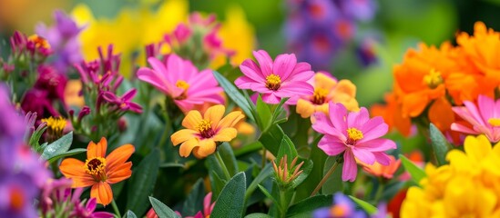 A variety of vibrant flowers, including daisies, are flourishing in the garden, adding vivid color to the landscape.