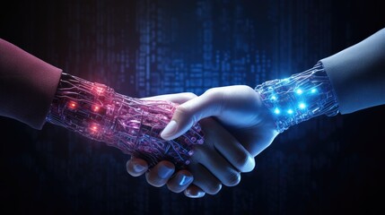 Hands of Robot holding hands with humans collaboration between artificial intelligence AI.