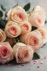 Beautiful bouquet of pink roses on grey background, closeup