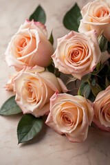 Bouquet of pink and beige roses on a marble background