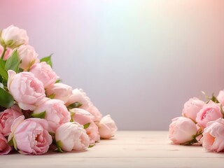 Bouquet of pink roses on a white wooden table, copy space
