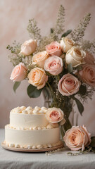 Obraz na płótnie Canvas Beautiful wedding cake with cream and roses on a light background.