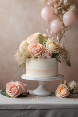 Wedding cake with pink and white roses on a light background