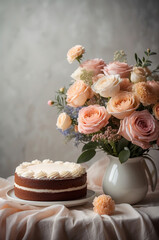 Obraz na płótnie Canvas Beautiful cake and bouquet of flowers on a light background.