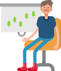 Beard Man Character Presenting Candlestick Chart
