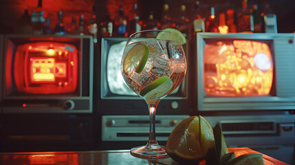 Cinematic wide angle photograph of a gin tonic sparkling cocktail with lime in a 90s video cassette rental club. Product photography. Advertising.